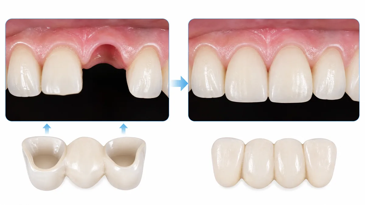 Illustration comparing a gap from a missing tooth (before) with a porcelain dental bridge in place (after), showing how bridges restore a complete smile